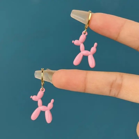 Balloon Dog Earrings Poodle Animal Puppy Fun Dangle Circus Clown Party Pink NEW - Picture 1 of 2